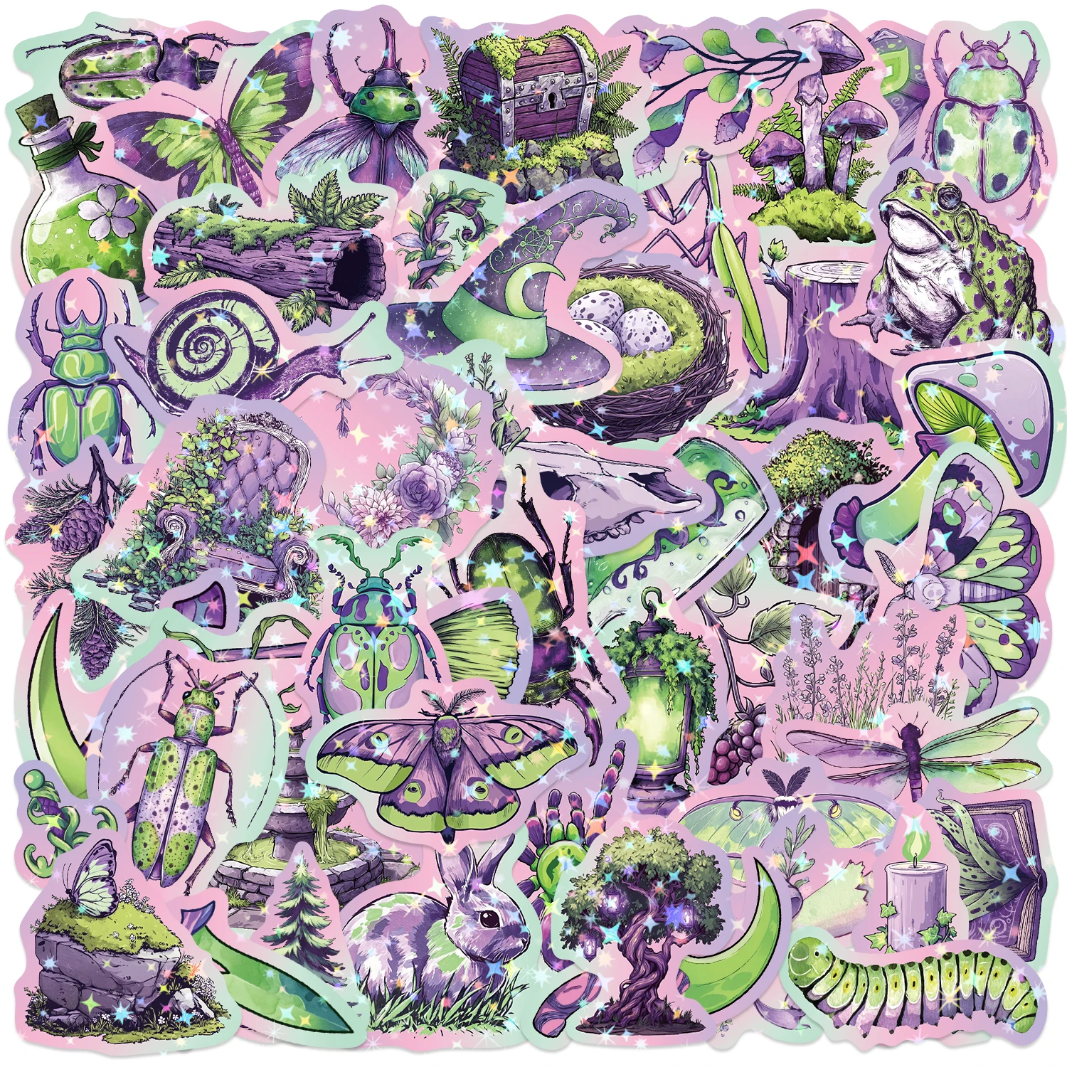 50Pcs Mystical Forest Magic Stickers, Fantasy Insect Frog Witch Hat Pattern, Sparkle Waterproof Vinyl Decals for Laptop Water Bo