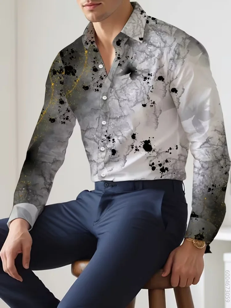 Men's long sleeved shirt with marble pattern full print shirt, versatile and comfortable top for daily travel and gatherings