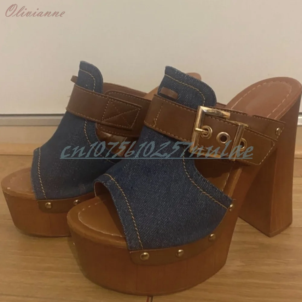 البني والأزرق الدنيم ريترو ستايل النعال مكتنزة عالية الكعب حفلة أنيقة سيدة أحذية النساء 2026 الصيف مثير الساخن الفقرة Mujere