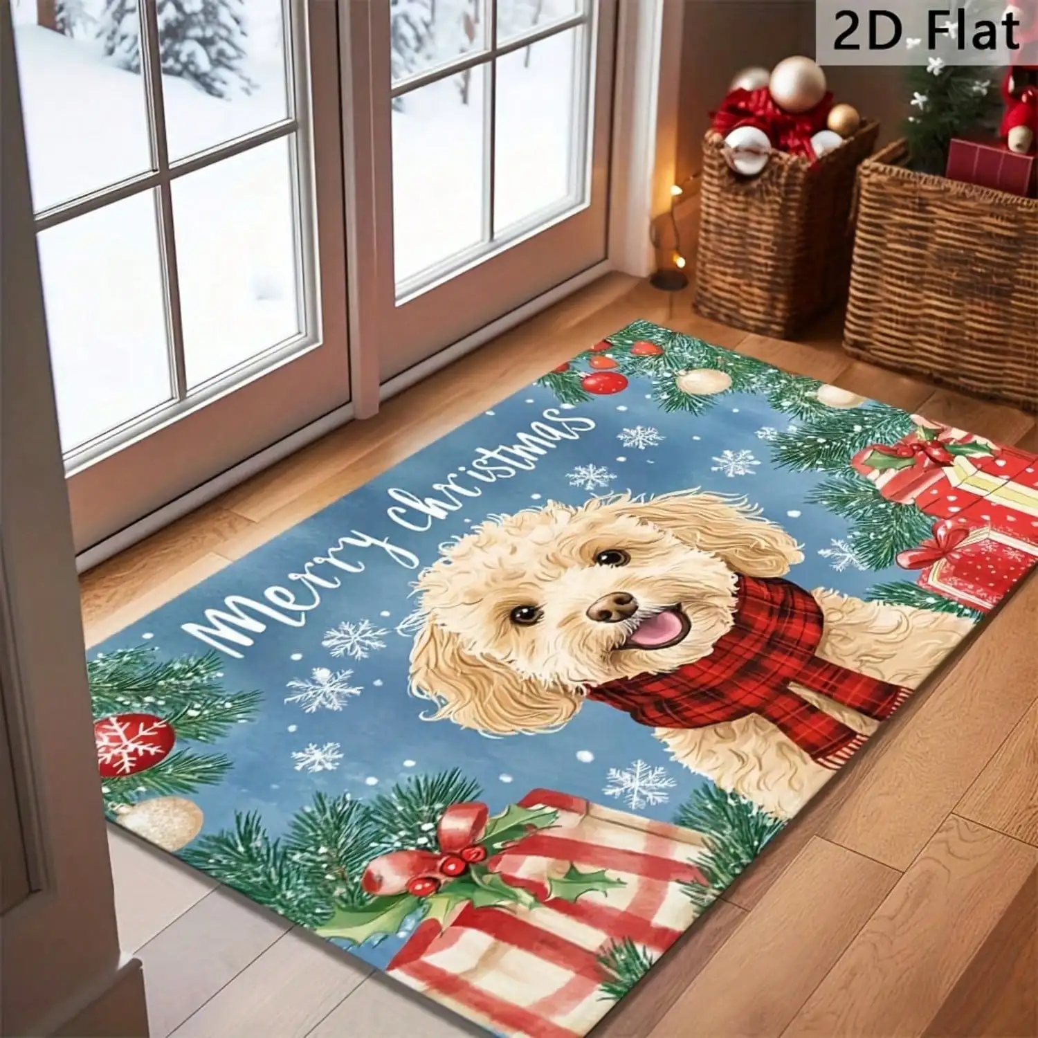 1pc, Merry Christmas! Adorable Dog Welcome Doormat Featuring Christmas Gift Box Design Christmas Atmosphere Theme Decorative Floor Mat Non-Slip Machine Washable