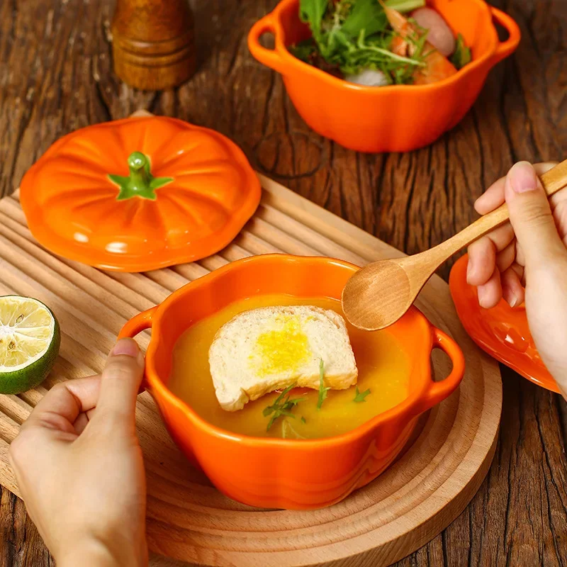 Ceramic Soup Bowl Binaural Baking Bowls With Lid Stew Pot Baby Porridge Bowl Creative Pumpkin Shape Fruit Dessert Soup Container