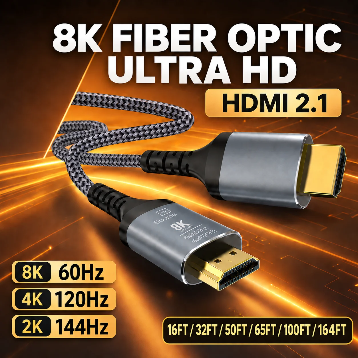 HDMI 2.1 Fiber Optic Cable 8K@60Hz 4K@120Hz 2K@144Hz Long Distance Directional Cable Source to Display 5m 10m 15m 20m 30m 50m