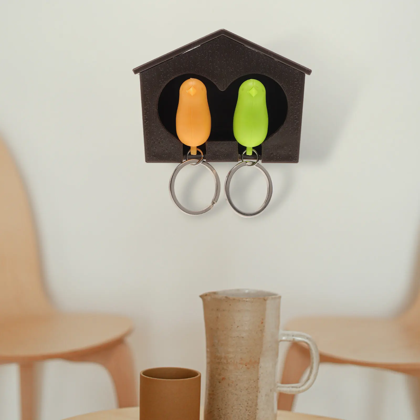 Birdhouse Key Ring Holder Brown Green 9.4x6.4x4.4cm ABS Material Includes 2 Whistle Sparrows for Keys Organization Sos Safety