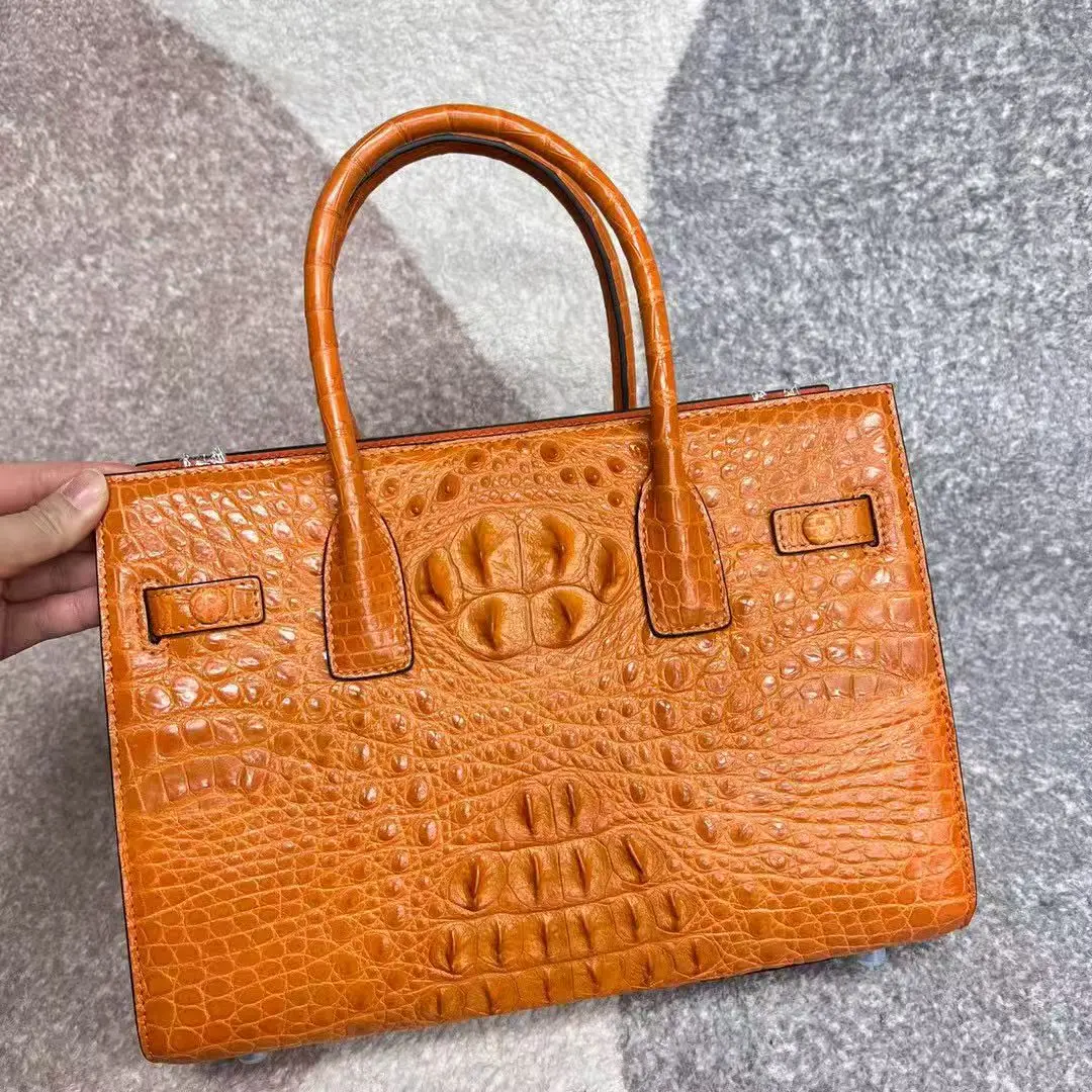 

Оранжевый и серый цвет, 100% натуральная крокодиловая кожа, женская сумка-тоут из кожи аллигатора, женская сумка среднего размера, фиолетовая