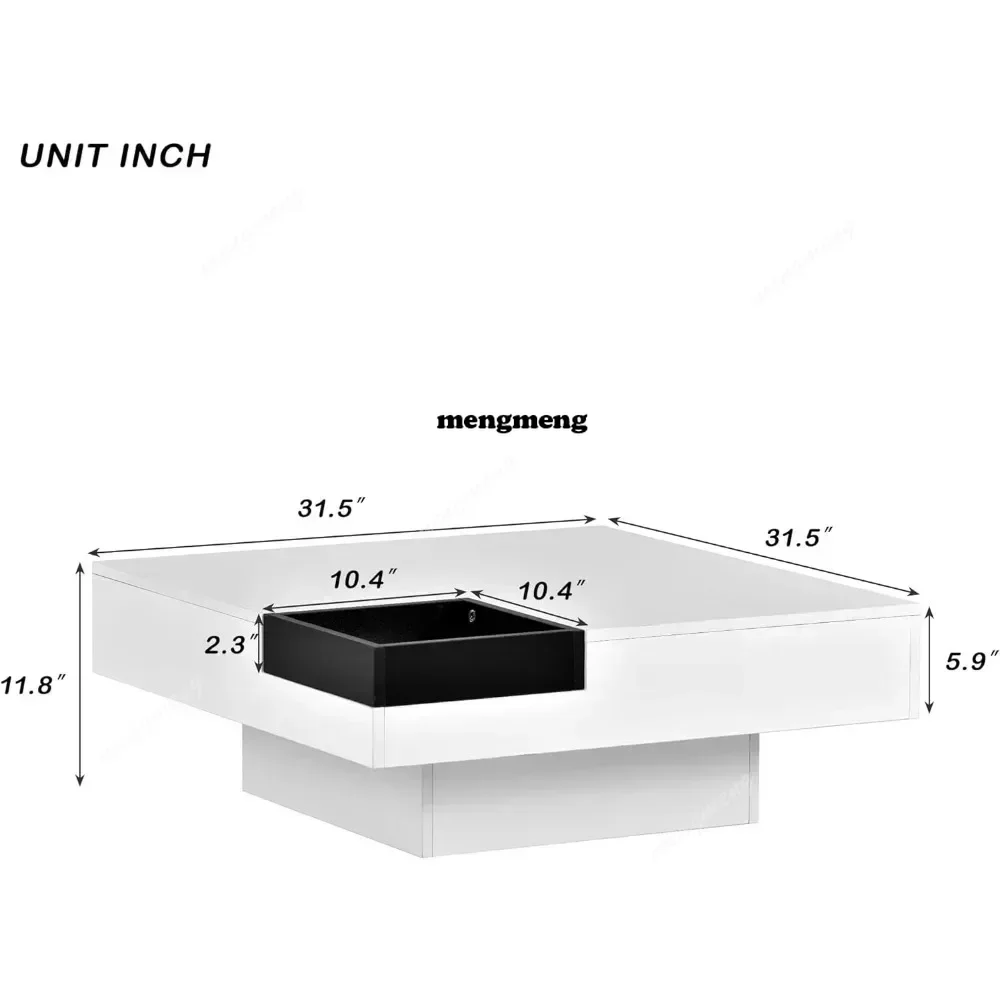 hot selling 31.5Modern Square LED Coffee Table with 16 Colors,Modern Minimalist Square Cocktail Table Detachable Tray Plug