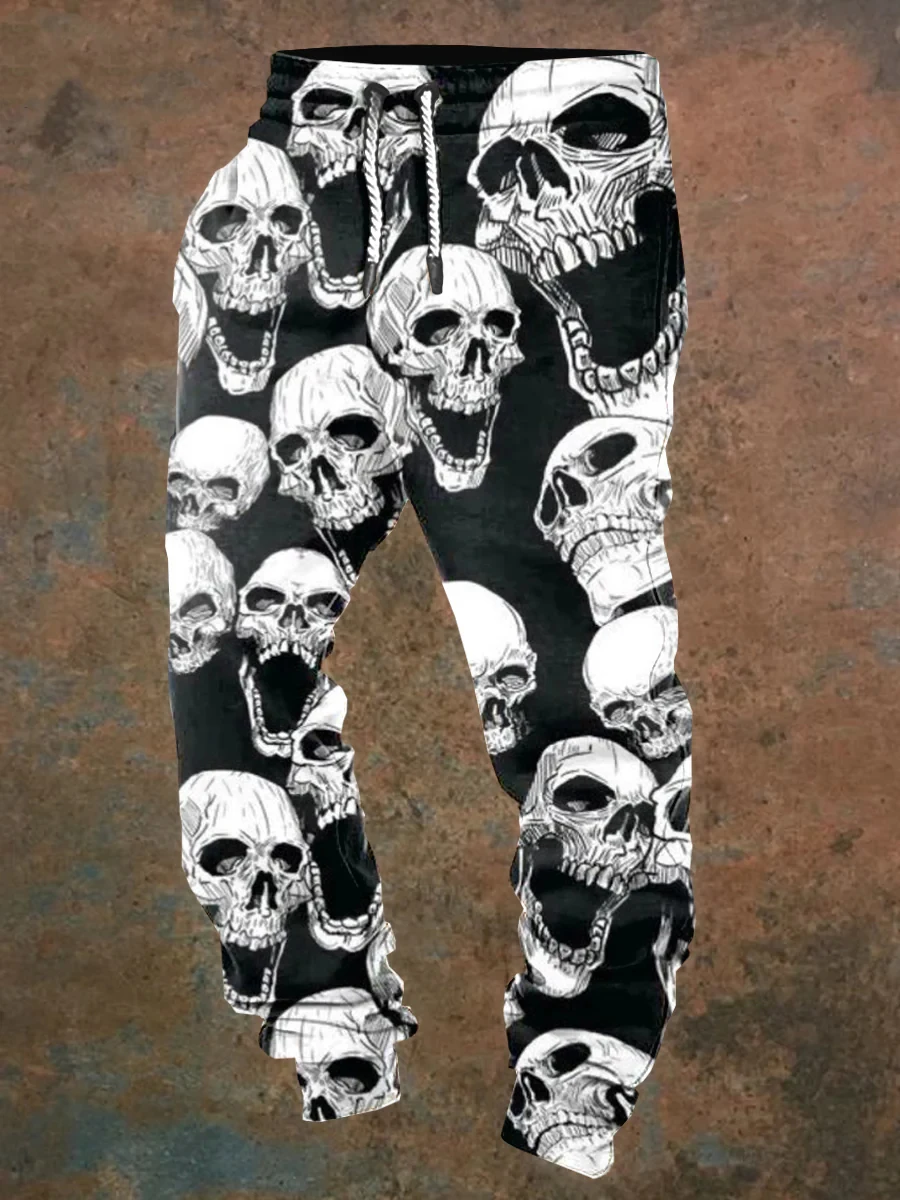 Men's casual jogging pants with drawstrings and Halloween skull prints, suitable for outdoor wear, autumn and winter fashion view 5