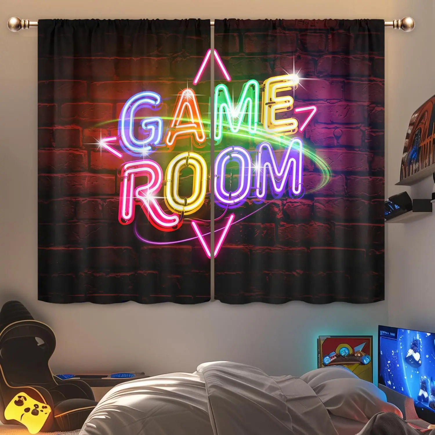 Kids Game Room Gaming Curtains for Boys Bedroom 42Wx45H Inch Rod Pocket Neon Gamer Funny Video Game Cool Fun Teens Boy Modern Un