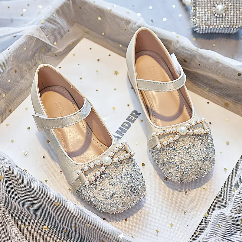 

Princess Party Shoes for Girls Crystal Pearl Mary Jane Dance Leather Spring Summer 2025 Fashion Big Kids Shoes for Girl 25-38