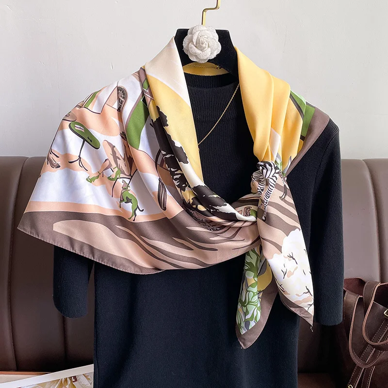 2024 Luxury Brand Square Scarf Design Shawl Wrap 90cm Print Twill Silk Women Hijab Female Foulard Headband Bandana