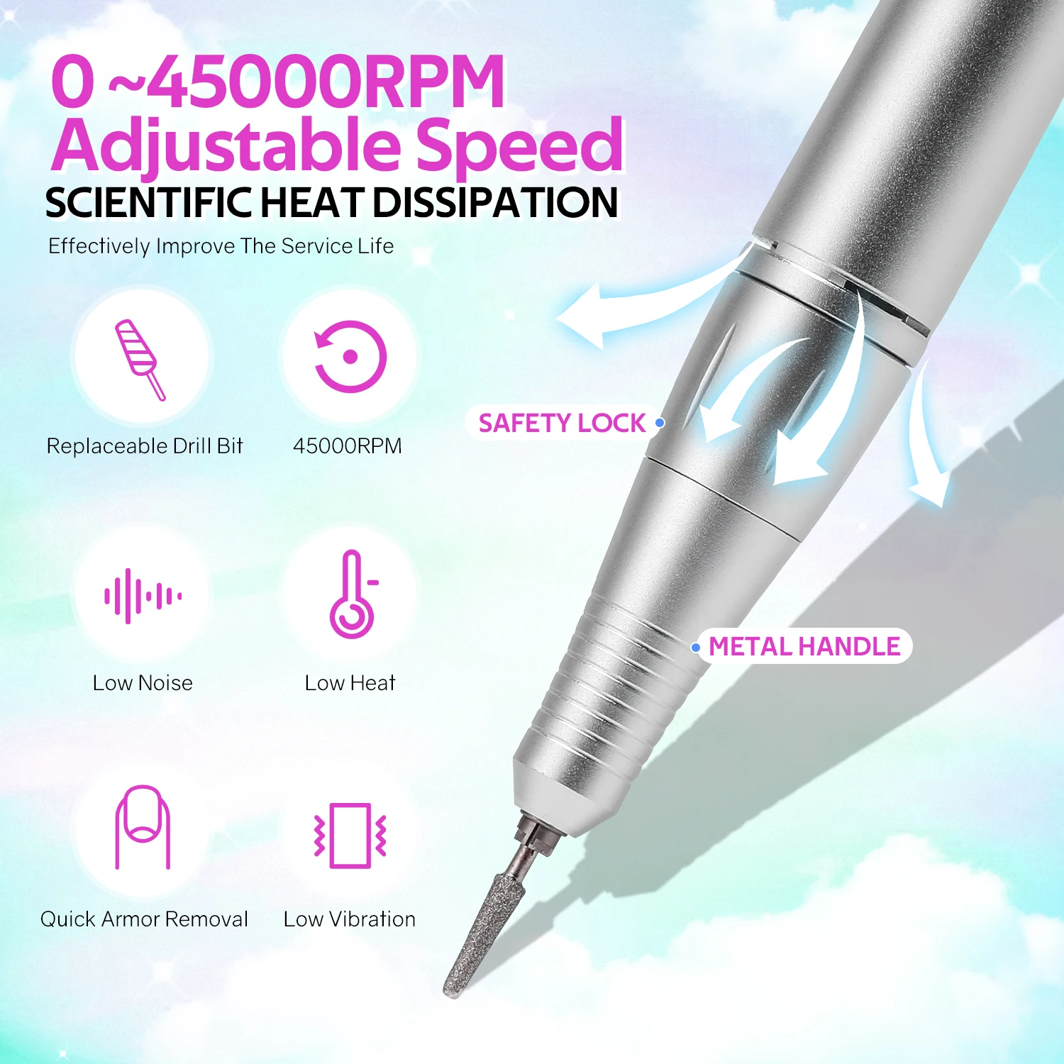 ماكينة حفر الأظافر الكهربائية 45000 دورة في الدقيقة، مبرد أظافر قابل لإعادة الشحن مع 12 لقمة ثقب و56 قطعة من أشرطة صنفرة الأظافر لتلميع أظافر الجل #3