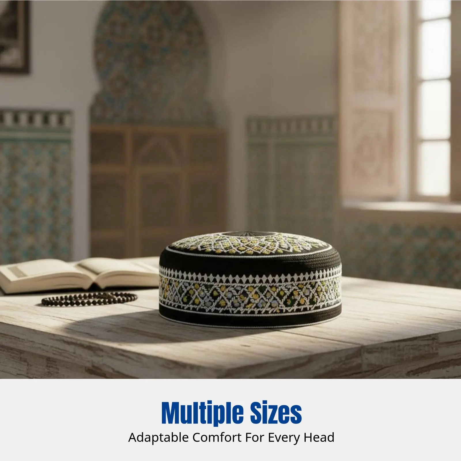 

Men's Muslim Prayer Hat, Cotton Embroidered Cap, Hui Ethnic Flat Top, Round Border, Traditional Cultural Headwear