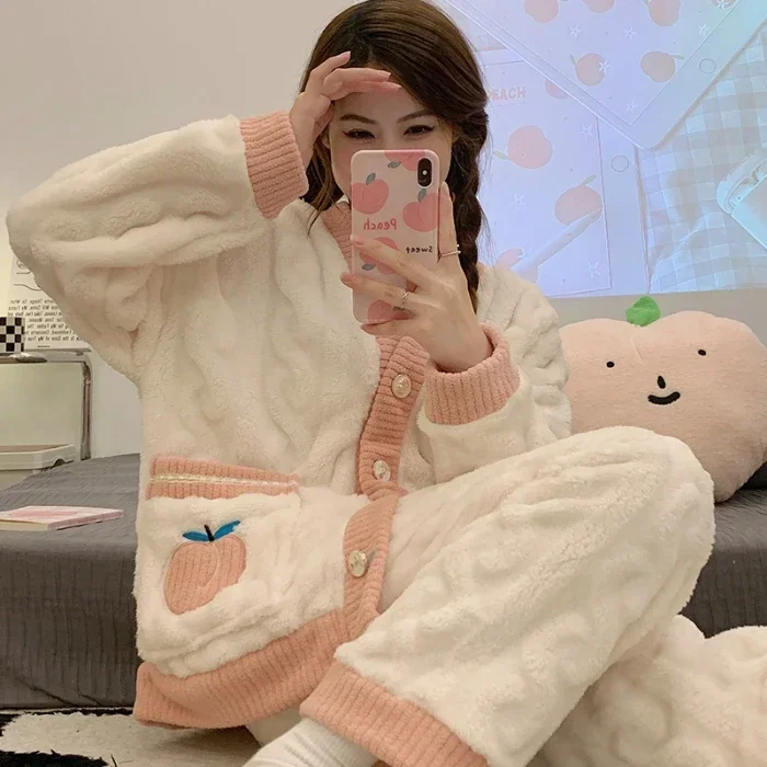 Autumn Winter Women Pyjamas Sets Long Sleeve Rest Sleepwear Female 2 Piece Pajamas Warm Flannel Thick Buttons Cardigan Homewear