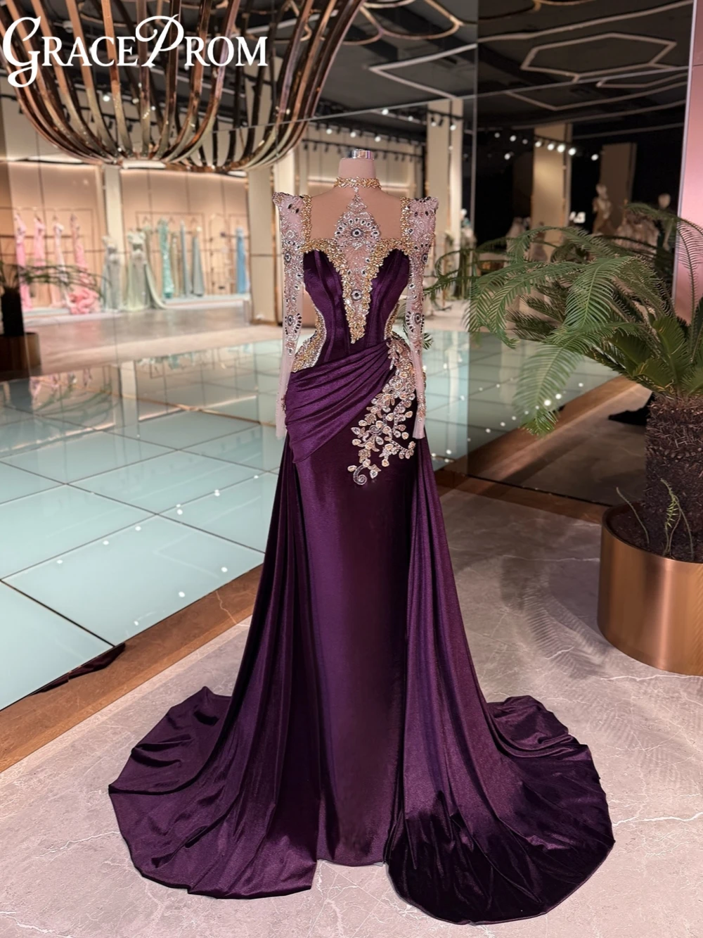 

Фиолетовое длинное вечернее платье с блестящими кристаллами, великолепное элегантное свадебное платье с высоким воротником, очаровательные платья для выпускного вечера по индивидуальному заказу