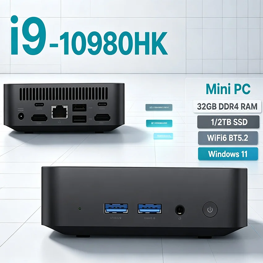 4K UHD 출력을 지원하는 미니 데스크톱 PC, Intel Core i9-10980HK 프로세서, 16GB RAM, 1TB SSD, Wi-Fi 6 및 Bluetooth 5.2, Windows 11 Pro 사전 설치