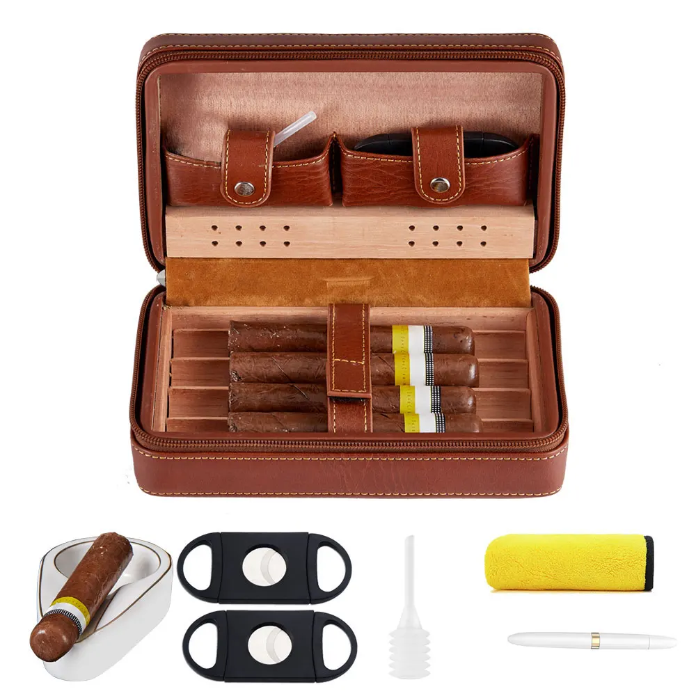 7 in 1 Cigar Accessory Ensemble Brown Leather Cedarwood Cigar Box Portable Travel Cigar Humidor Cigar Accessories