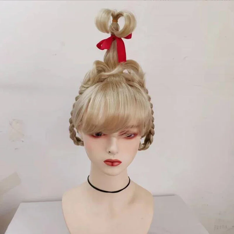 Funny Halloween Party Props Cosplay Green Monster Cindy Lou Who Wig Ponytail Hair Heat Resistant Synthetic Wigs for Women