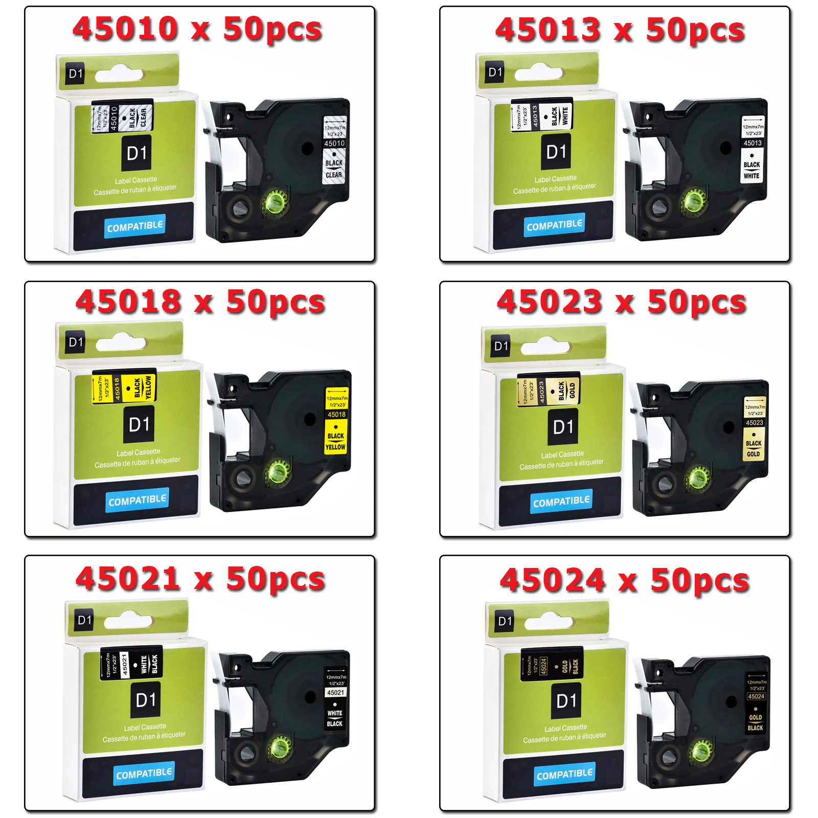 para Dymo Labelmanager 160 280 Rhino 5200 d1 210d 12 Milímetros Fita Etiqueta Fita Cassete 50 Pcs 45010 45013 45018 45021 45023 45024