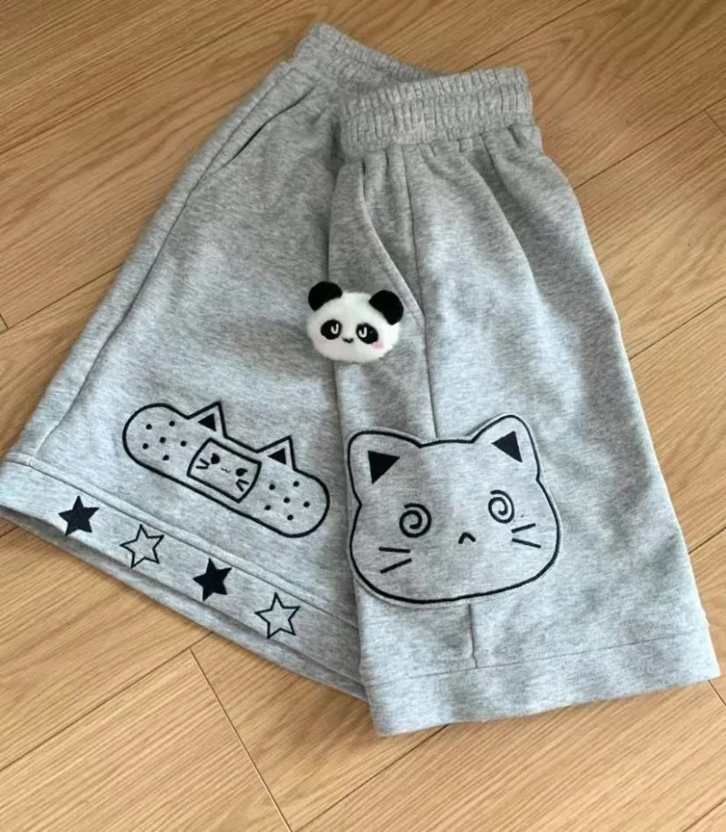 Japanese Preppy Style Y2k Shorts Women Short Pants Kawaii Sweet Cat Print Loose Chic Wide Leg Summer Casual High Waist