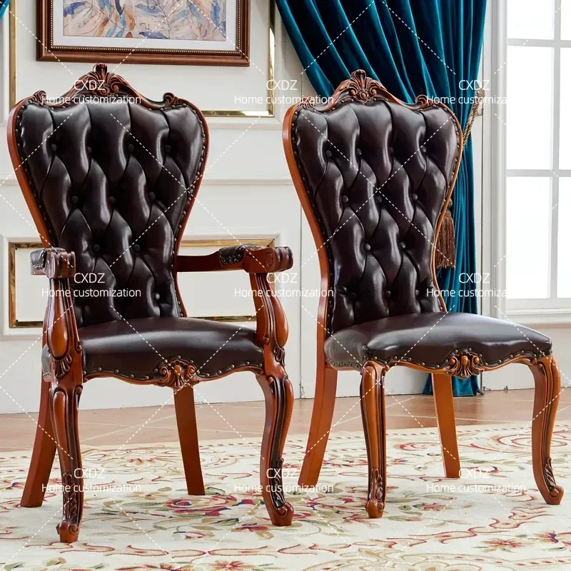 American Solid Wood Armrest Chair European Leather Soft Cushion Comfortable Dining Study Home Computer Office Seating
