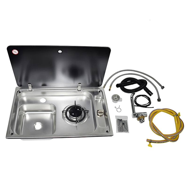 With Sink Gas Stove Sink Two in One RV Hidden Single Faucet Yacht Kitchen with Cover RV Gas Stove Multi-function Folding Kitchen