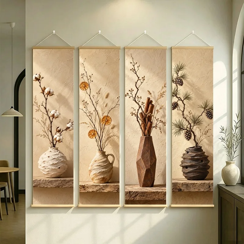 Wall Art Dried Orange and Cotton, Serene Wabi-Sabi Botanical Silver Shimmer Canvas Hanging Scroll for Japandi Living Room