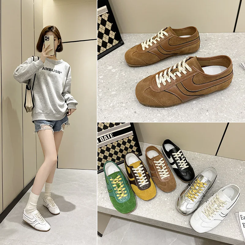 

New Genuine Leather Agate Shoes Women Retro Color Lacing Low Top Casual Sneakers