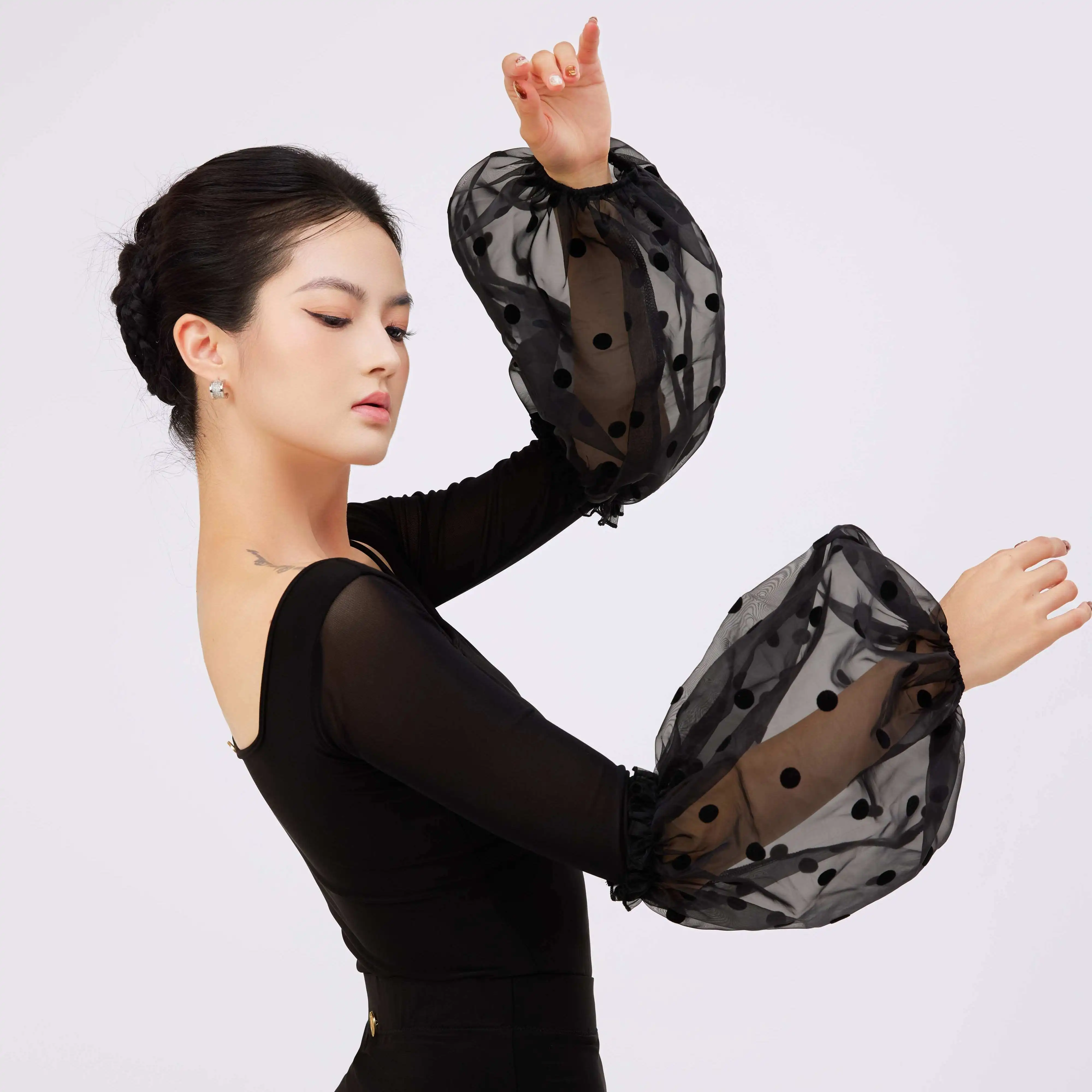 New Ballroom Dance Costume Women Polka Dot Bubble Sleeves Black Bodysuit Waltz Dance Performance Practice Clothes Adult Tops