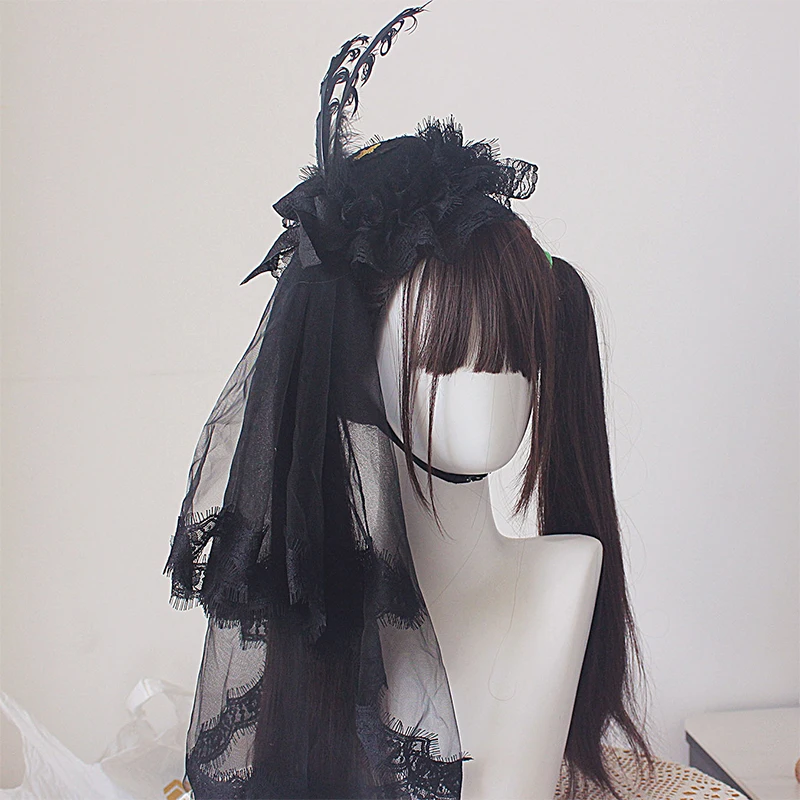 

Gothic Black White Feather Hair Clips Gorgeous Lolita Cosplay Hair Accessories Bowknot Feather Small Top Hat Hairpin Headdress