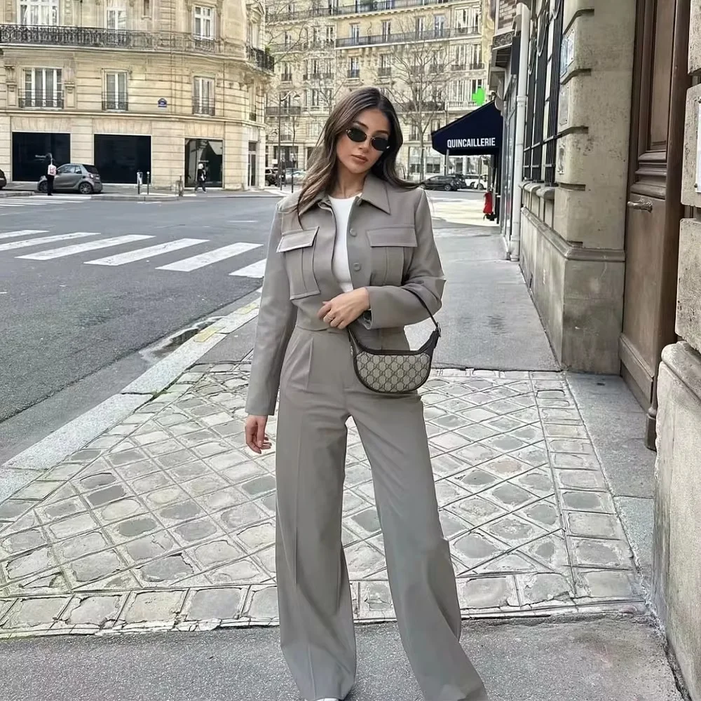 2024 Autumn Casual Women Solid Suits Fashion Streetwear Pockets Turn-down Collar Short Jackets+Chic Wide Leg Pants