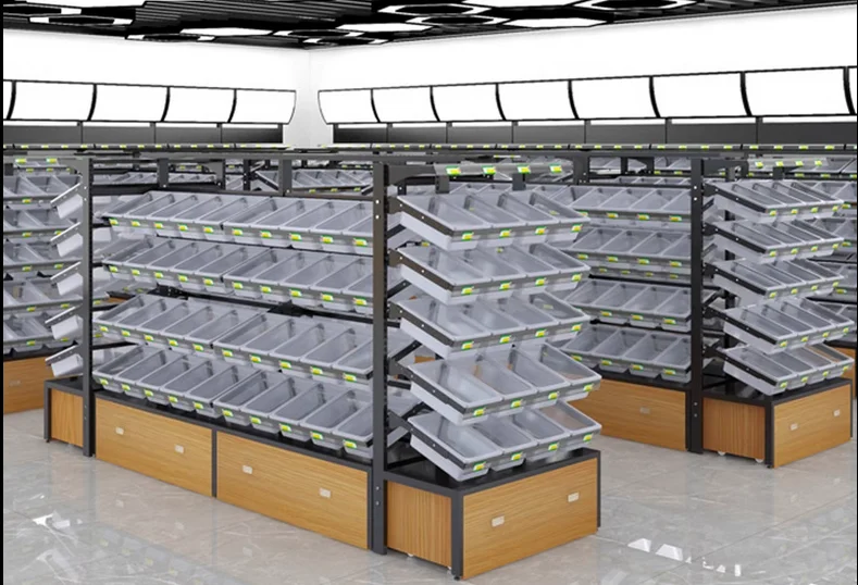 

Snack shelves, supermarkets, convenience stores, and small shops. Multi story storage shelves against the wall