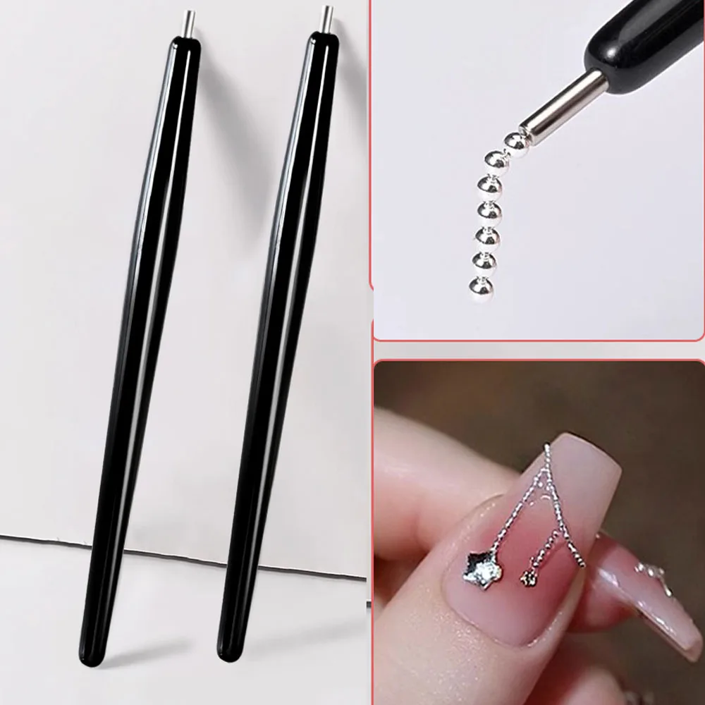 1Pcs Easy-Dotting Tiny Steel Beads Nail Pen 12*0.7cm Black Steel Ball Pick Up Dotting Pen With Mixed-Size Manicure Bead Pen