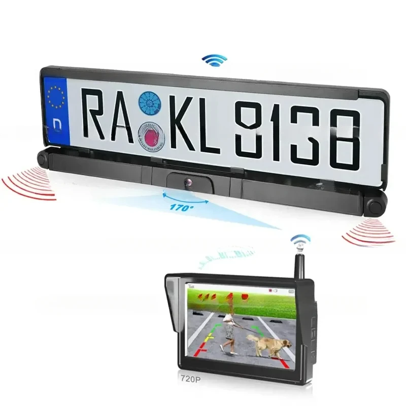 Alat Bantu Mundur Mobil Kamera Tampilan Belakang Lisensi Eropa Nirkabel Digital Surya 5 Inci Dengan Sensor Parkir Ultrasonik