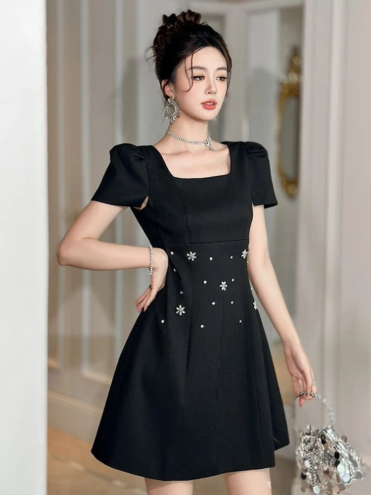 여성 블랙 스퀘어 넥 슬림 A라인 미니 숏 드레스 여름 라인스톤 스파클 파티 프롬 데이트 정장 캐주얼 드레스