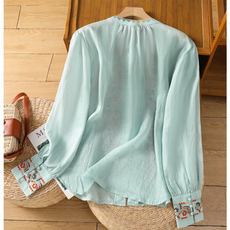 中国風の女性のブラウス韓国刺繍シャツファッションルーズ春/夏のコットンリネン服長袖女性トップス