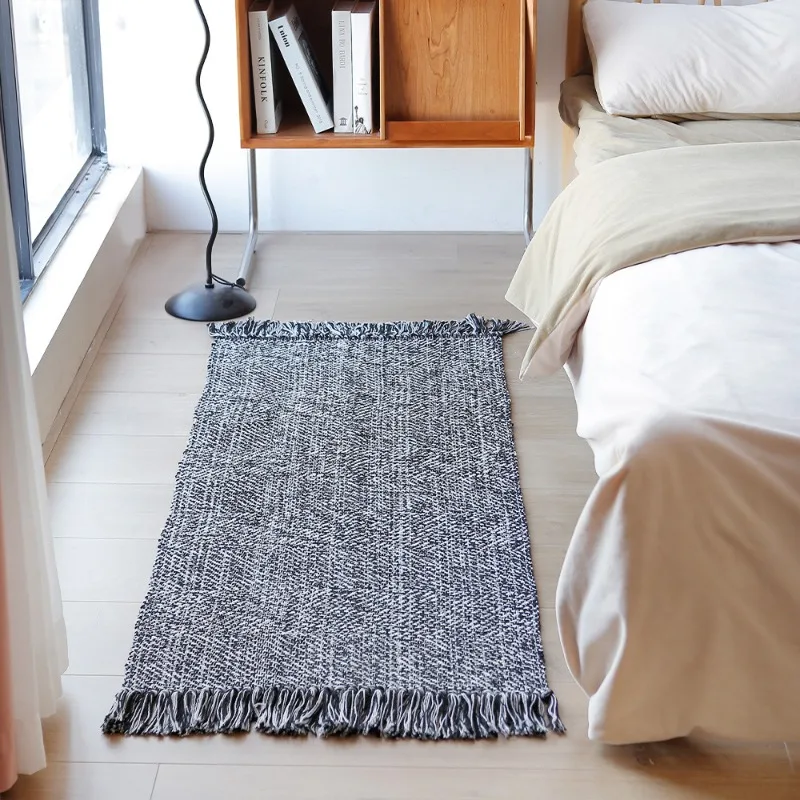 Alfombra con flecos multicolores en espiga, alfombra tejida de algodón para mesita de noche, mesita para café de sala de estar, alfombra decorativa para el hogar