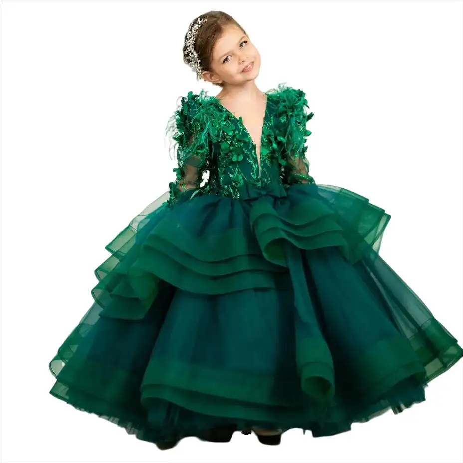 Vestidos De flores De hadas para niñas, manga larga, volantes escalonados, apliques florales, Vestido De Novia para niños, Vestido Formal para fiesta De cumpleaños