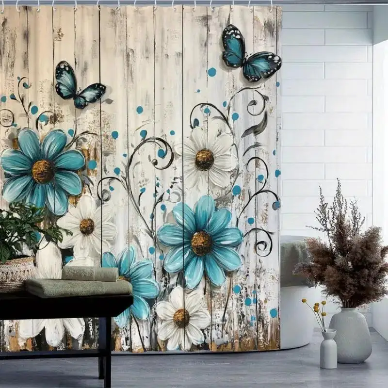 

Занавеска для душа с цветочным узором из прочного полиэстера, легко в уходе, включает в себя крючки, можно стирать в машине.