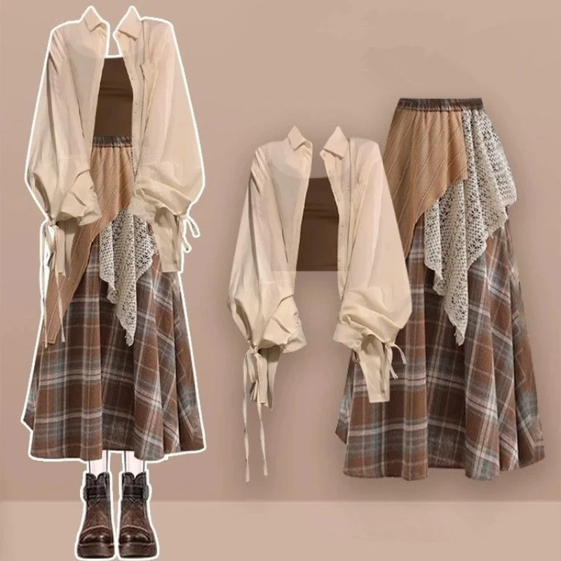 Spring and Autumn New Korean Version Dopamine Drawstring Shirt for Women+vest+irregular Skirt Three Piece Set