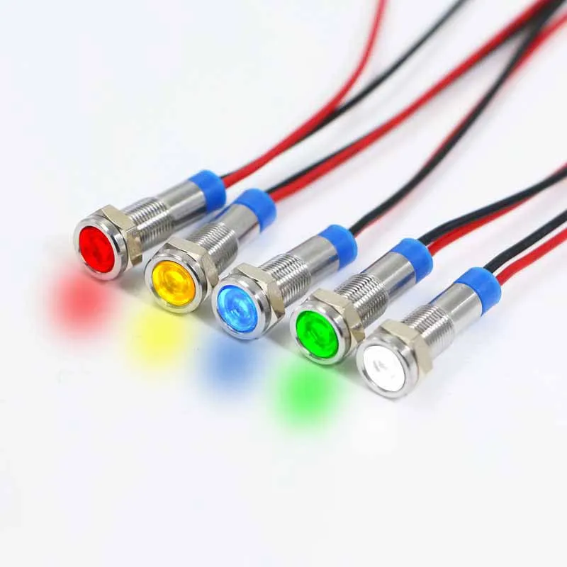 

6mm LED waterproof metal indicator light signal light with wire 6V -12V -24V 24V 220V red/yellow/blue/green/white metal button