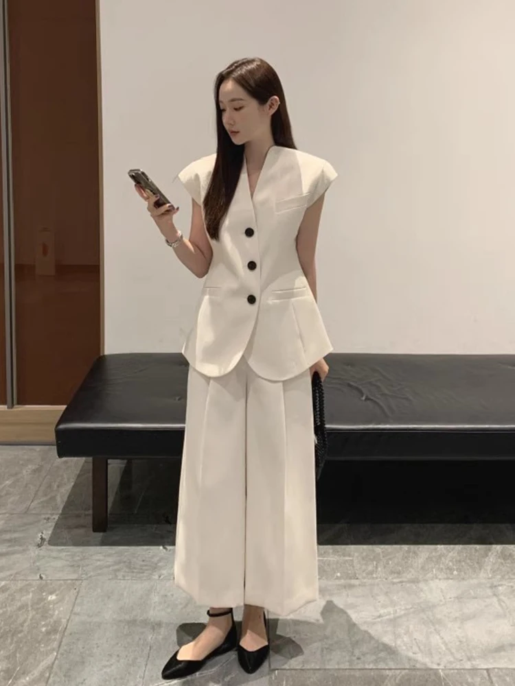 

Clothland Women Fashion Waistcoat Pants Suit Sleeveless Vest Wide Leg Trousers Office Wear Two Piece Set TA489