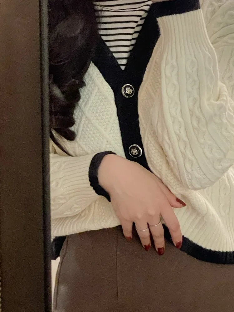 

Thiened ort Вязаный кардиган V-Ne Long Sve Open Осенняя верхняя одежда Свитер Jaet Разноцветный твист-дизайн для поездок на работу Sle