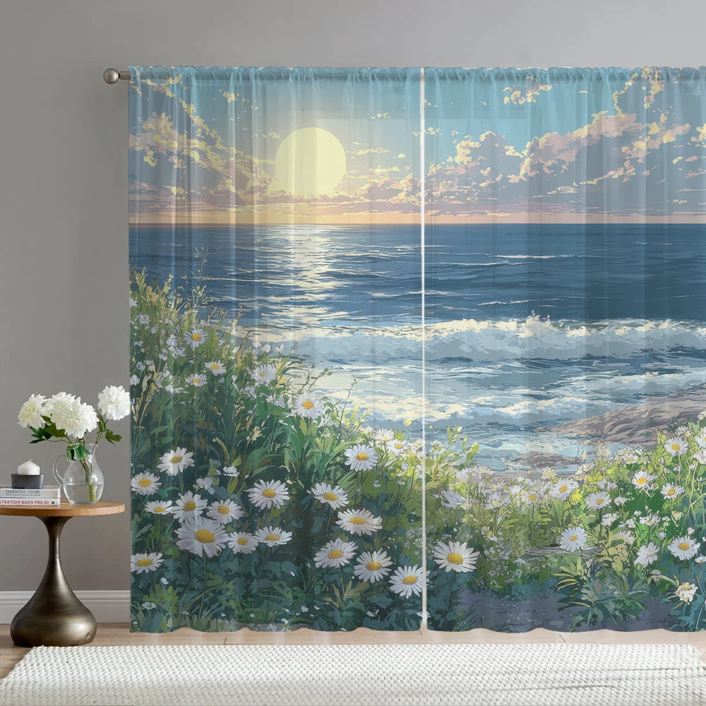 2Pcs Seaside Sunset Daisy Blossom Landscape Print Home Decoration Window Screens Suitable For Coffee Shop, Restaurant, Bedroom
