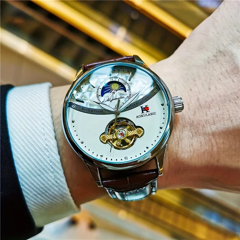 Luxurious and Stylish Men's Mechanical Watch, with a Round Dial, Automatic Winding, Leather Strap, Fashionable Accessory, European, American, Japanese, and Korean Style, Suitable for Business and Casual Occasions, the Best Gift for Him
