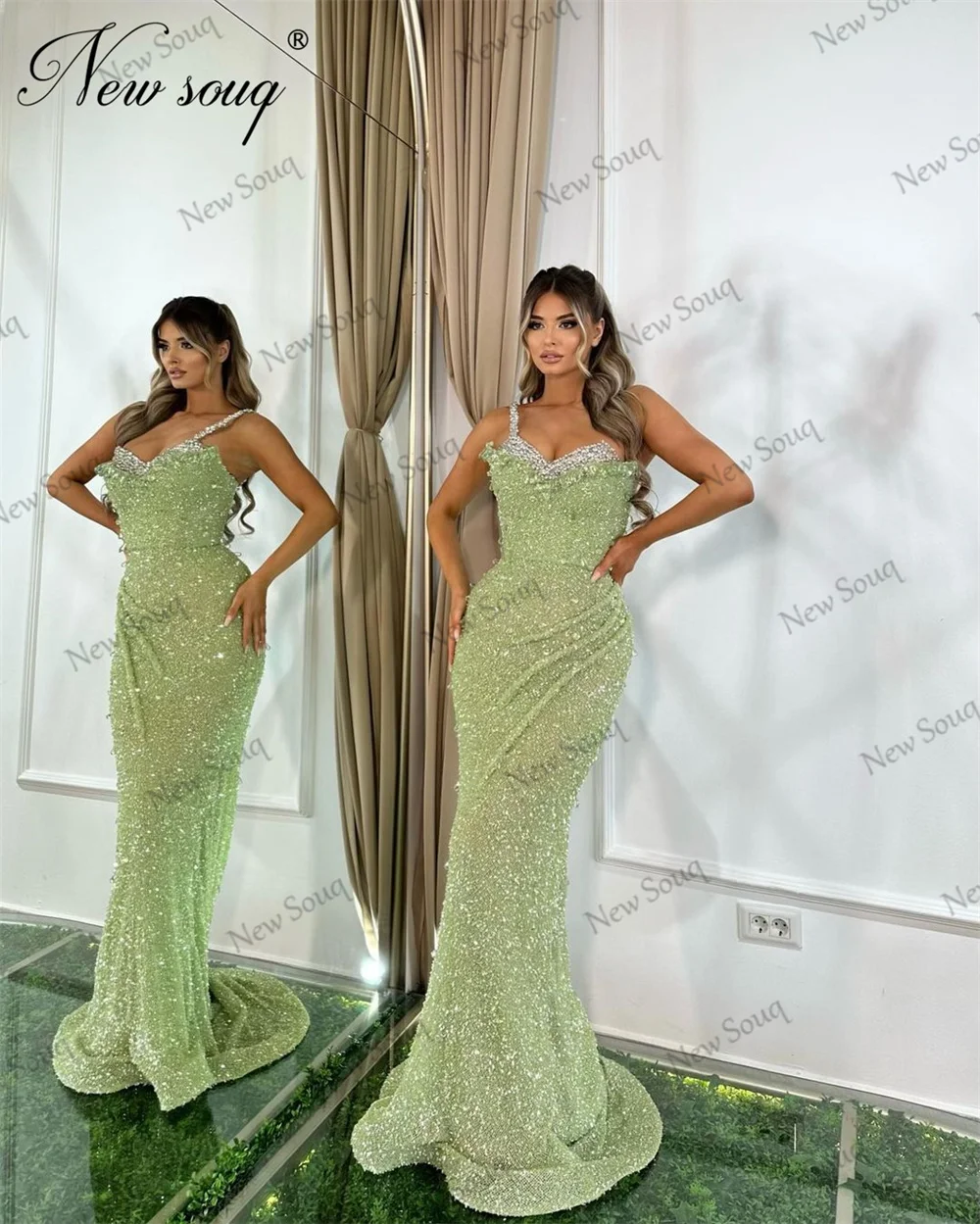 Arabic Elegant Mint Green Mermaid Evening Dresses Sequins Spaghetti Straps Formal Celebrity Dress 2023 Robes Long Party Gowns