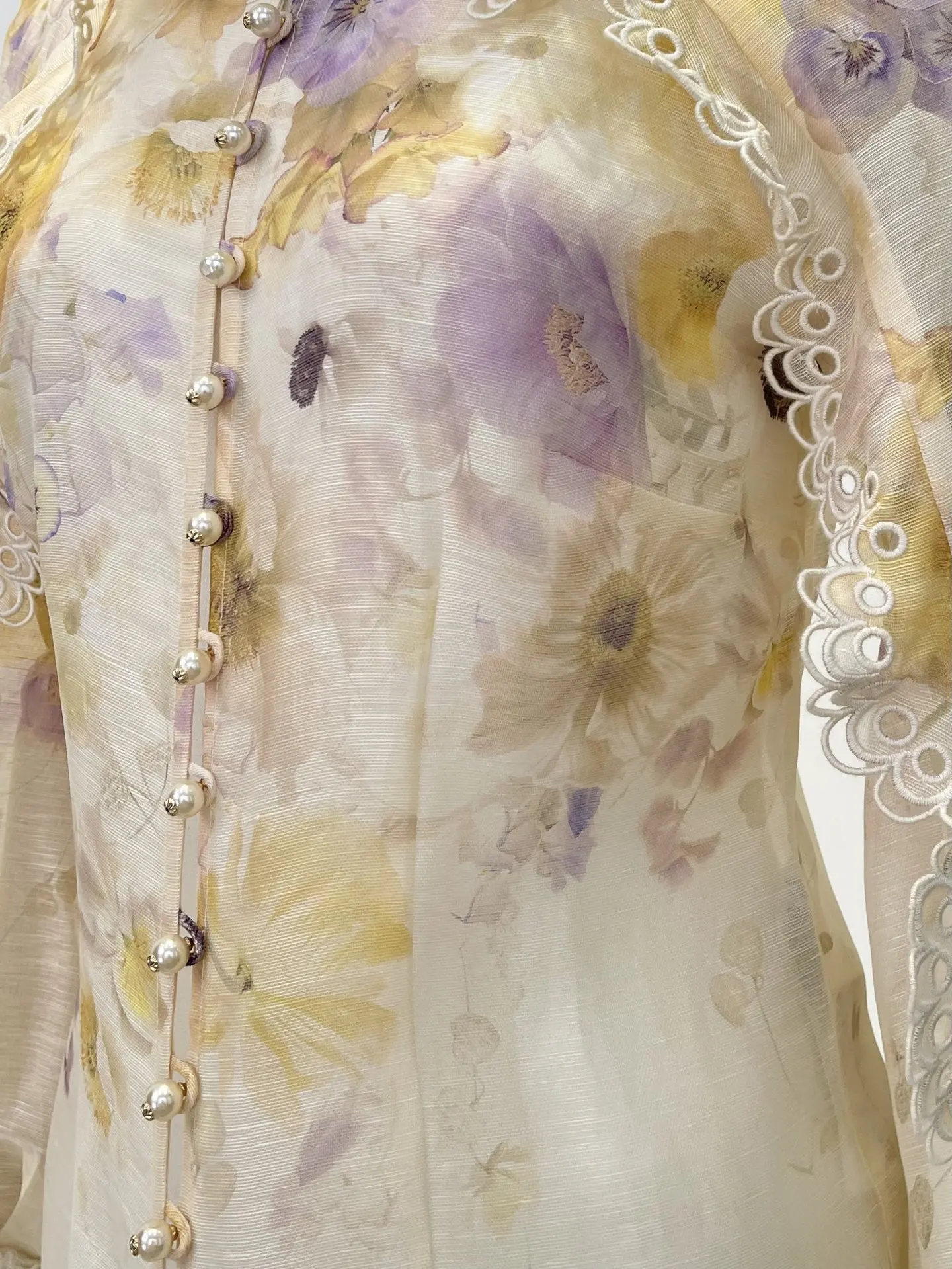 

High Quality Beige Violet Floral Print Embroidery Ruffles Edge Long Sleeve Blouse Tops and Midi Skirt Set