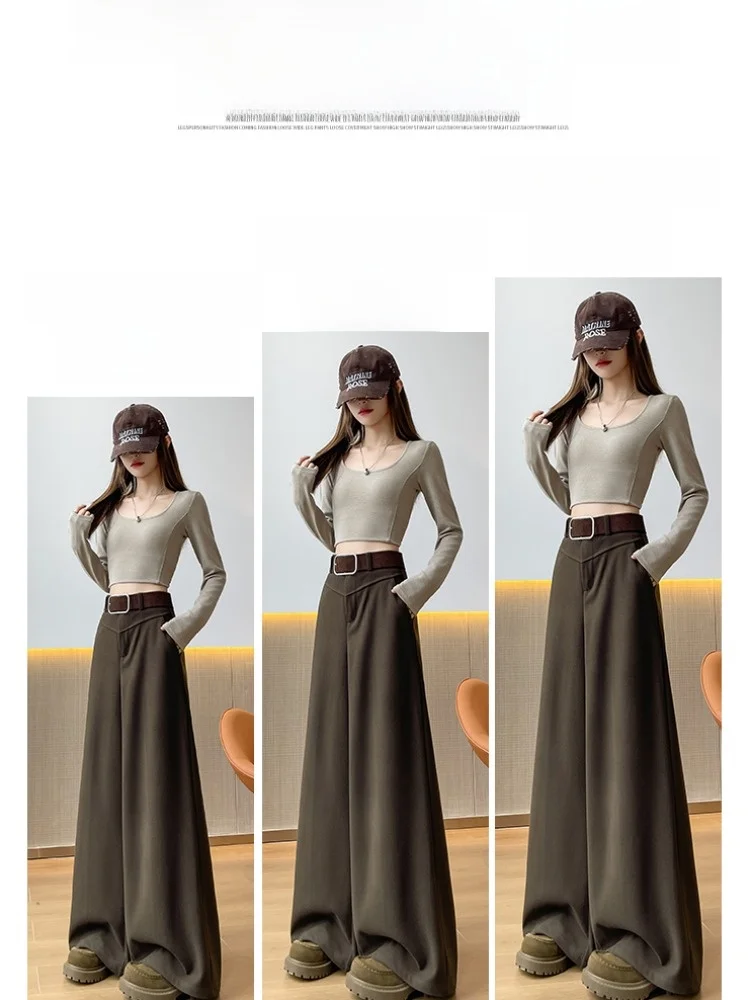 Ele ارتفاع الخصر واسعة الساق دعوى السراويل الخريف الشتاء مادة الصوف مربوط الطابق طول السراويل الكورية Sle قطع مستقيمة