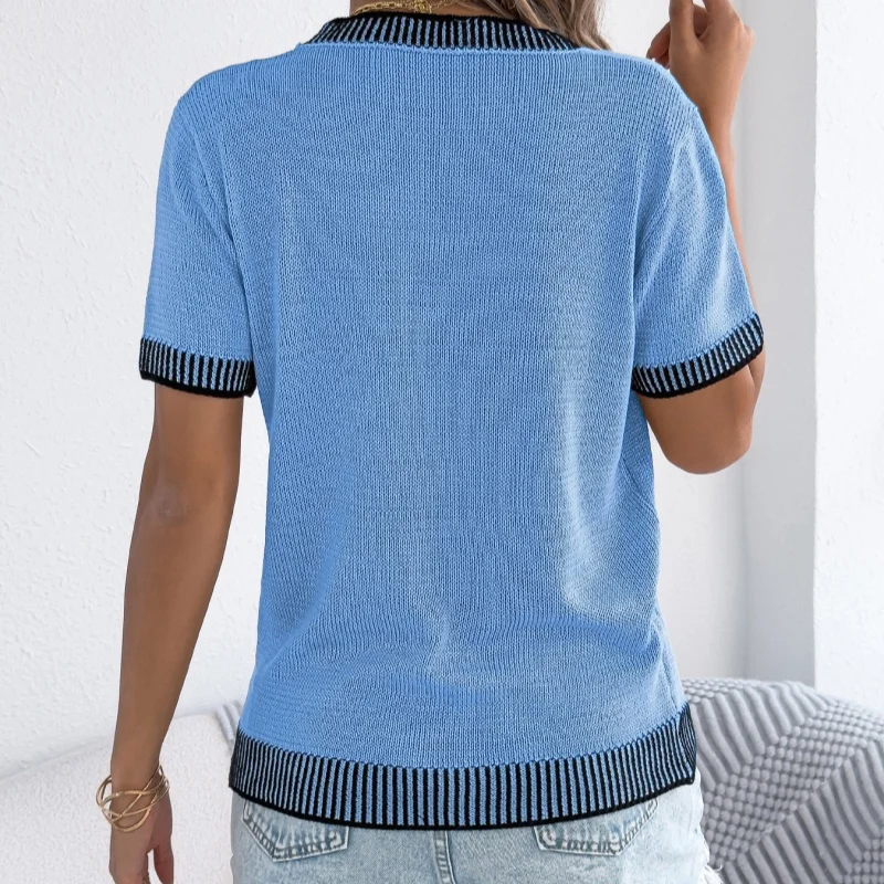 

Women's Contrasting Striped Pullover Spring Autumn Casual Loose O-neck Short Sleeve Knitted Sweater with Pocket Jumpers Tops