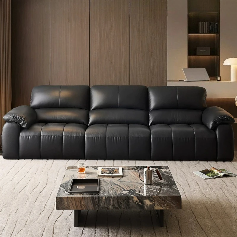 Modern Simple First Layer Cowhide Leather Sofa Light Luxury Straight Row Black Living Room Sofas And Seating Home Furniture