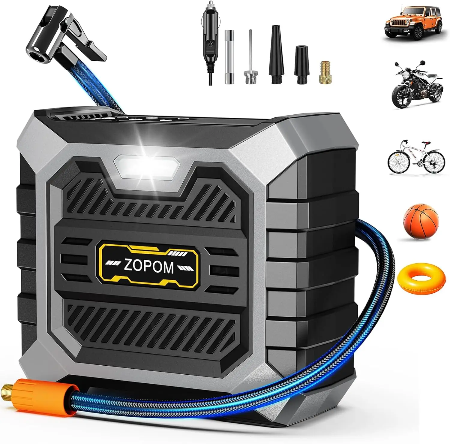 Compressore d'aria portatile, gonfiatore per pneumatici per auto con ciclo di lavoro al 100%, adatto per auto, moto, palloni per biciclette, pompa d'aria montata su veicolo, gonfiatore multifunzione