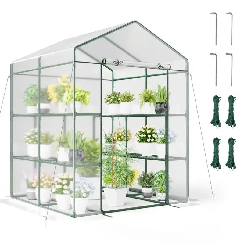 4 Tiers 8 Shelves Metal Powder Coated Walk-in Greenhouse with Roll-up Zippered Door for Gardens